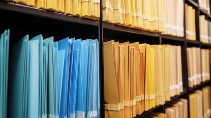Poster - A collection of organized file folders in various colors, neatly arranged on shelves, indicating a systematic approach to documentation, health info records management.