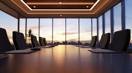 Poster - Modern conference room with sunset view, empty chairs around the table, city skyline visible