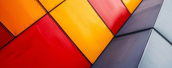Poster - Modern building facade with colorful red, orange, and yellow geometric shapes