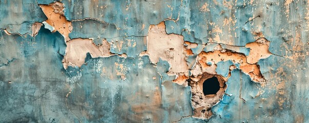 Poster - Grunge background texture of an old cracked wall showing exposed brick with peeling blue paint