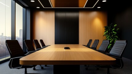 Poster - Modern conference room with a large wooden table, black chairs, and city view through windows