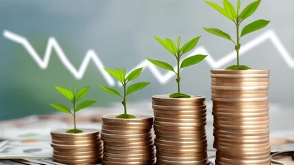 Poster - Stacks of coins with plants growing on top and a rising arrow in the background shown indoors