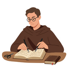 Poster - Focused person studying with books and tools in flat vector illustration