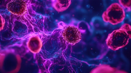 Poster - Microscopic cancer cell concept. Microscopic view of colorful cells in a biological setting.