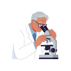 Poster - Scientist examining specimen under microscope in detailed flat vector art