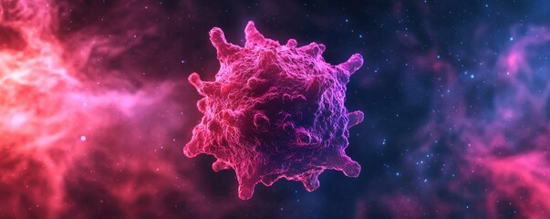 Poster - Microscopic cancer cell concept. A cell in a cosmic backdrop with vibrant colors.