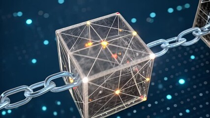 Poster - Digital blockchain concept with interconnected cubes and chain links on blue background design