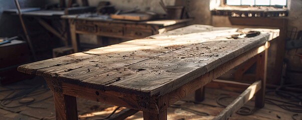 Aufkleber - Sunlight streams through a window, illuminating an old wooden workbench in a deserted workshop