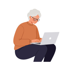 Poster - Elderly person working on laptop in cozy sweater minimal vector illustration