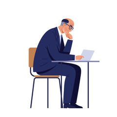 Poster - Thoughtful businessman working on laptop in modern flat vector art