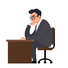 Poster - Thoughtful businessman pondering ideas while working at desk in flat vector art