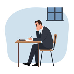 Poster - Man sitting at a desk writing notes in a minimal vector illustration