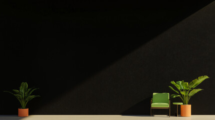 Poster - Minimalist Interior: A serene composition featuring plants, and a chair against a minimalist background, blending shadows with sunlight.