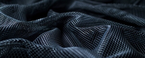 Poster - Abstract folds and wavy shapes in dark mesh fabric, creating a textured background