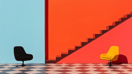 Poster - Geometric Symphony: A study in contrasts, this image showcases two armchairs positioned within a vividly colored, minimalist space.
