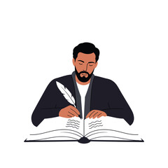Poster - Man writing in a book with a quill in flat vector art style