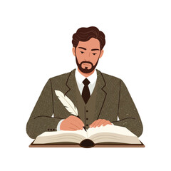 Poster - Man in suit writing in a book with a feather pen, minimal vector art