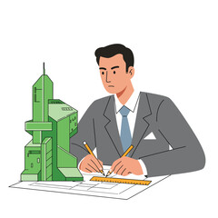 Poster - Architect designing a modern building in flat vector art style