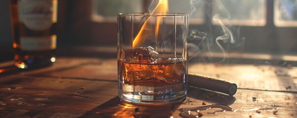 Poster - Whiskey glass and cigar on a wooden table with a blazing fire in the background