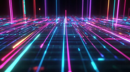 Aufkleber - A retro-futuristic background featuring neon programming code on a dark digital grid. The nostalgic 80s-inspired aesthetic blends vintage and modern technology