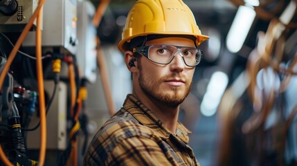 Aufkleber - Young technician wearing hard hat and safety glasses working in a modern factory