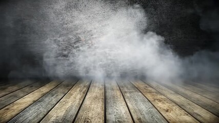 Poster - Wood floor with smoke background for artistic, dramatic, or theatrical projects, showcasing texture and atmospheric effects in photography or design