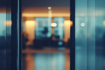 Poster - Atmospheric interior view through glass: A softly focused image showing a blurred view of the interior of a building, with glass elements and a focus on atmospheric lighting and a sense of depth.