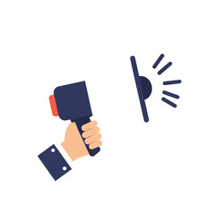 Poster - Hand holding mallet striking bell in flat style vector illustration