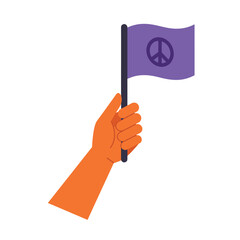 Poster - Hand holding a purple peace flag in flat vector art style