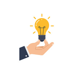 Poster - Hand holding a light bulb glowing with inspiration in flat vector art