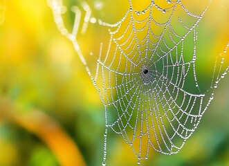 Wall Mural - Close-up of a spider web with dew drops on it, blurred background, green and yellow color palette, nature photography, stock photo style. 