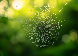 Wall Mural - Close-up of a spider web with dew drops on it, blurry background of a green forest in the distance, macro photography, stock photo.