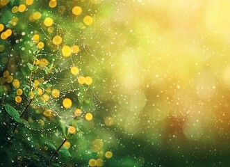 Wall Mural - Close-up of a spider web with dew drops on it, blurred background, green and yellow color palette, nature photography, stock photo style.