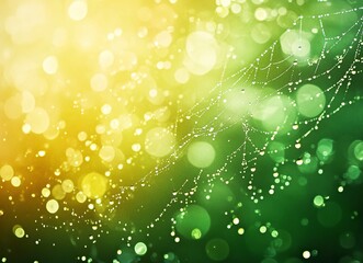 Wall Mural - Close-up of a spider web with dew drops on it, blurred background, green and yellow color palette, nature photography, stock photo style.