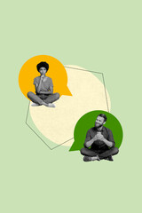 Fototapete - Creative poster collage of two people sit use gadget talking on green background