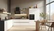 © Alex - A sleek minimalist kitchen with white cabinets, a wooden dining table, large windows, and greenery. Clean lines and natural light create an open, inviting, and modern atmosphere