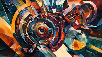 Poster - Captivating painting of a spiral design showcasing layered angular and circular shapes in a vibrant composition of color and motion.