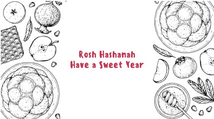 Rosh Hashanah greeting card design template. Hand drawn vector illustration. Jewish new year symbols. Challah bread, apple, pomegranate , honey top view.