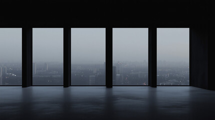 Poster - City View Through Windows: A wide interior view of a contemporary, minimalist space, featuring expansive windows that frame a cityscape shrouded in a moody, atmospheric fog. 