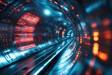 Poster - A futuristic tunnel illuminated by vibrant lights showcasing advanced technology in a sci-fi environment