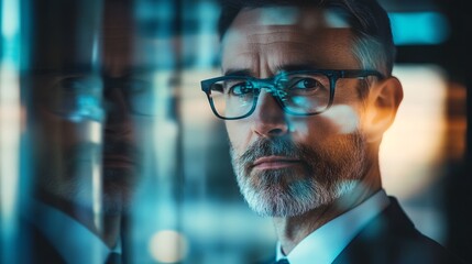 Poster - Serious businessman wearing glasses standing in modern office at night