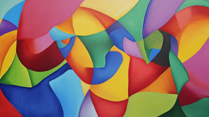 Poster - Lively painting showcasing colorful shapes with bold angular designs and soft organic elements in a unique abstract style.