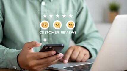 Poster - Person using phone and laptop with customer reviews graphic overlay showing star ratings