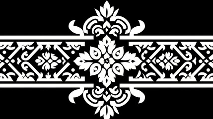 Poster - Elegant Monochrome Thai Textile Pattern, intricate woven design in black and white, minimal aesthetic, features ample copy-space, ideal for modern design applications.