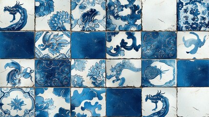 Poster - Thai-inspired ceramic tile design, intricate indigo glaze pattern, elegant line art with ample copy-space, perfect for decorative applications and modern aesthetics
