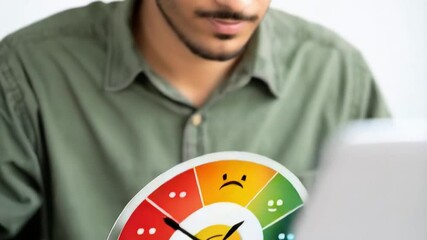 Poster - Person using a laptop and holding a smartphone with a rating scale graphic overlayed on it
