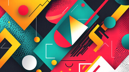 Poster - Bold and colorful abstract background composed of bright angular geometric shapes layered with fluid curves for a striking visual effect.