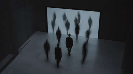 Poster - Shadows of the Collective: A hauntingly artistic image capturing the interplay of light and shadow, as a group of silhouetted figures walks toward a bright screen.