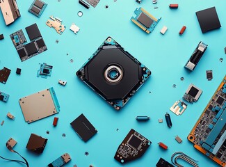 Aufkleber - Minimalist stock photo of an open hard drive, computer components, and flash drives scattered around it on a gradient background with copy space. The color scheme includes blue and brown tones.