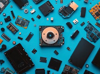 Aufkleber - Minimalist stock photo of an open hard drive, computer components, and flash drives scattered around it on a gradient background with copy space. The color scheme includes blue and brown tones.